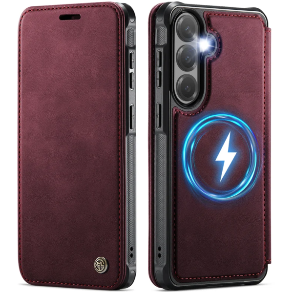 „CaseMe“ MagSafe Leather прочный чехол-книжка  - бордовый (Galaxy S26)