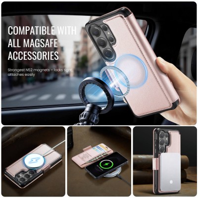 „CaseMe“ MagSafe Leather прочный чехол-книжка  - розовый (Galaxy S26 Ultra)