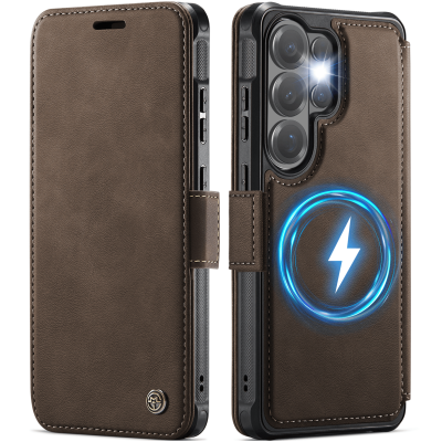 „CaseMe“ MagSafe Leather прочный чехол-книжка  - коричневый (Galaxy S26 Ultra)