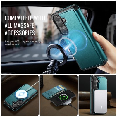 „CaseMe“ MagSafe Leather прочный чехол-книжка  - зелёный (Galaxy A57)
