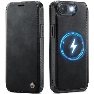 „CaseMe“ MagSafe Leather atlokāms vaciņš - melns (iPhone 17e / 16e)