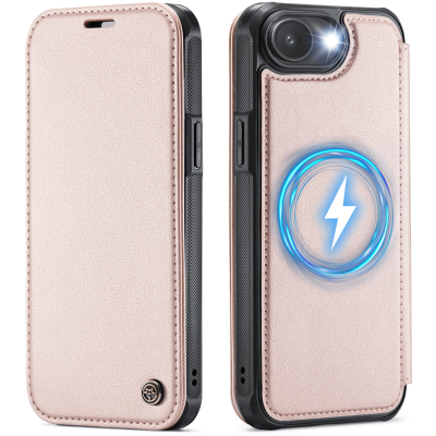 „CaseMe“ MagSafe Leather прочный чехол-книжка  - розовый (iPhone 17e / 16e)