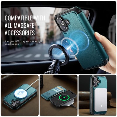 „CaseMe“ MagSafe Leather прочный чехол-книжка  - зелёный (iPhone 17)