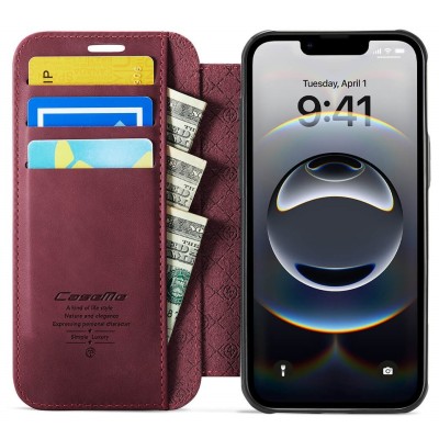„CaseMe“ MagSafe Leather прочный чехол-книжка  - бордовый (iPhone 17)