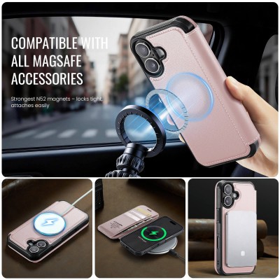 „CaseMe“ MagSafe Leather atlokāms vaciņš - rozs (iPhone 17)