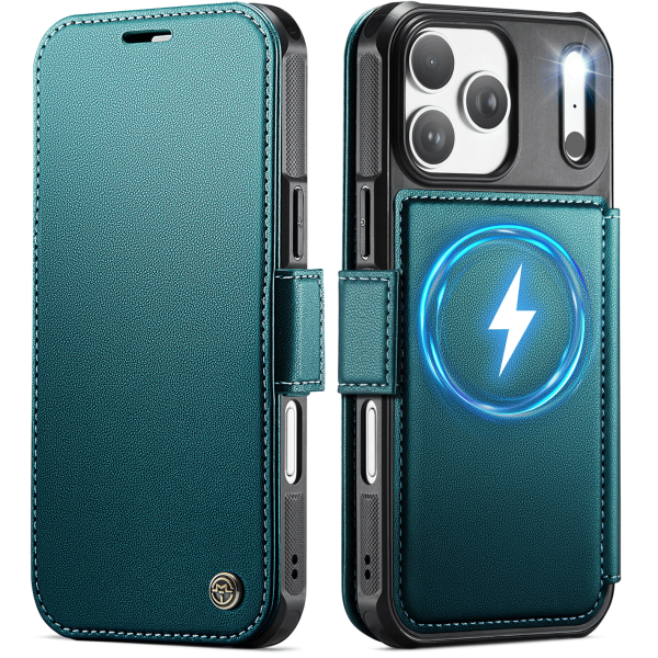 „CaseMe“ MagSafe Leather прочный чехол-книжка  - зелёный (iPhone 17 Pro)