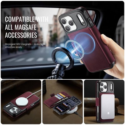 „CaseMe“ MagSafe Leather прочный чехол-книжка  - бордовый (iPhone 17 Pro)