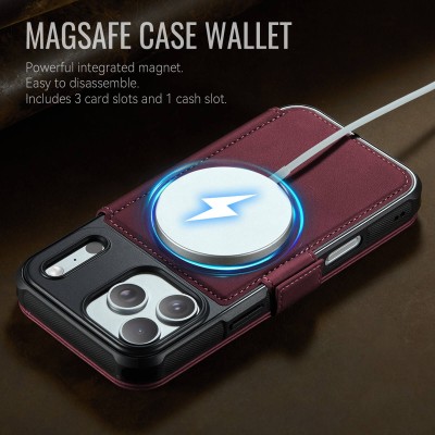 „CaseMe“ MagSafe Leather прочный чехол-книжка  - бордовый (iPhone 17 Pro)