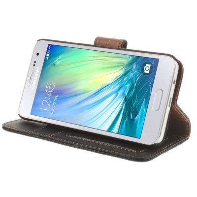 Samsung Galaxy A3 2015 (A300F) atvēramais melns ādas Litchi maciņš / Vacins.lv