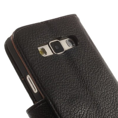 Samsung Galaxy A3 2015 (A300F) atvēramais melns ādas Litchi maciņš / Vacins.lv