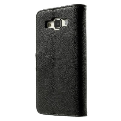 Samsung Galaxy A5 atvēramais melns ādas Litchi maciņš / Vacins.lv