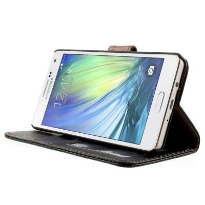 Samsung Galaxy A5 atvēramais melns ādas Litchi maciņš / Vacins.lv