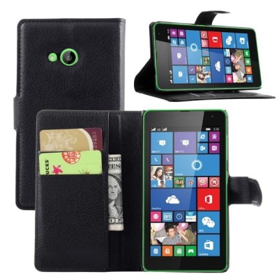 Microsoft Lumia 535 atverčiamas juodas odinis Litchi dėklas - piniginė / Priedai.lt