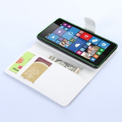 Microsoft Lumia 535 atvēramais balts ādas Litchi maciņš / Vacins.lv