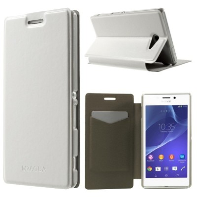Sony Xperia M2 Aqua atvērams balts ādas maciņš / Vacins.lv