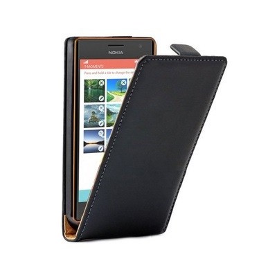 Nokia Lumia 730 (735) klasikinis vertikaliai atverčiamas juodas odinis dėklas / Priedai.lt