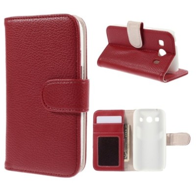 Samsung Galaxy Ace 4 (G357) atverčiamas raudonas odinis Litchi dėklas - piniginė / Priedai.lt