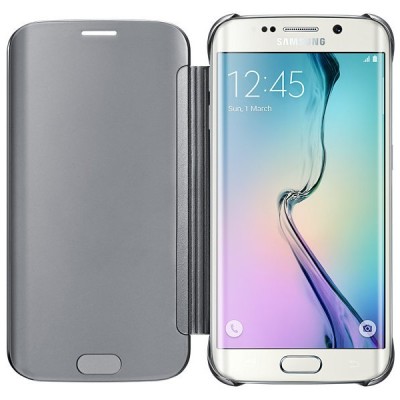 Samsung Galaxy S6 Edge originalus Clear View Cover atverčiamas sidabrinis dėklas / Priedai.lt