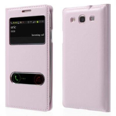Samsung Galaxy S3 šviesiai rožinis odinis atverčiamas „Smart Window“ dėklas su langeliu / Priedai.lt