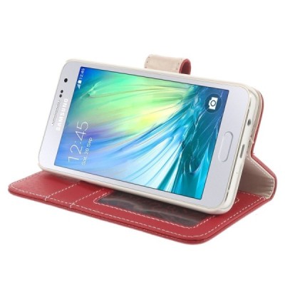 Samsung Galaxy A3 2015 (A300F) atvēramais sarkans ādas Litchi maciņš / Vacins.lv