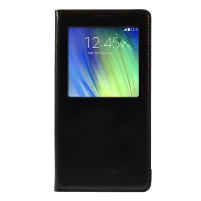 Samsung Galaxy A7 juodas atverčiamas „View Window“ dėklas su langeliu / Priedai.lt