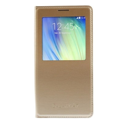 Samsung Galaxy A7 auksinis odinis atverčiamas „View Window“ dėklas su langeliu / Priedai.lt