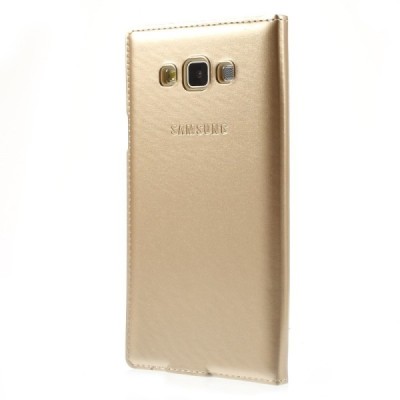 Samsung Galaxy A7 auksinis odinis atverčiamas „View Window“ dėklas su langeliu / Priedai.lt