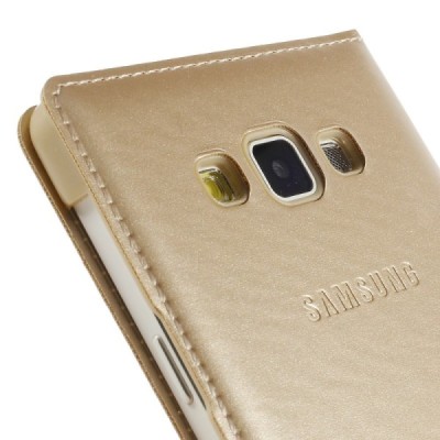 Samsung Galaxy A7 auksinis odinis atverčiamas „View Window“ dėklas su langeliu / Priedai.lt