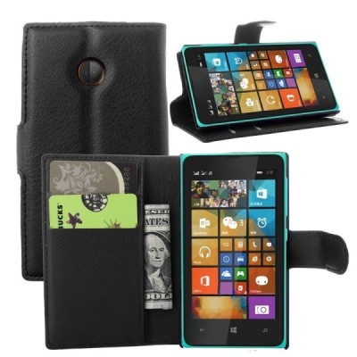 Microsoft Lumia 435 atverčiamas juodas odinis Litchi dėklas - piniginė / Priedai.lt