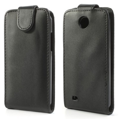 HTC Desire 300 klasisks ādas vertikāli atvēramais melns futrālis / Vacins.lv