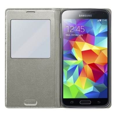 Samsung Galaxy S5 (S5 Neo) sudraba atvēramais View Window ādas maciņš / Vacins.lv