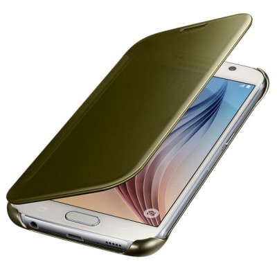 Samsung Galaxy S6 (G920) oficiāls Clear View Cover atvērams zelta ādas maciņš / Vacins.lv
