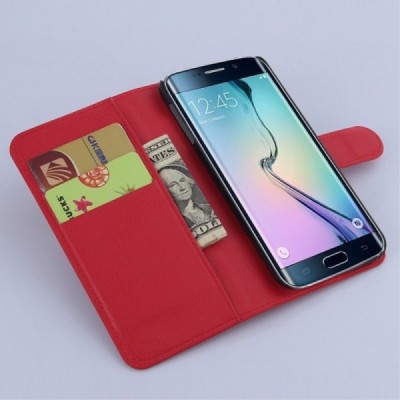 Samsung Galaxy S6 Edge (G925) atvēramais sarkans ādas Litchi maciņš (maks) / Vacins.lv