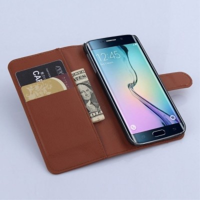 Samsung Galaxy S6 Edge (G925) atvēramais brūns ādas Litchi maciņš (maks) / Vacins.lv