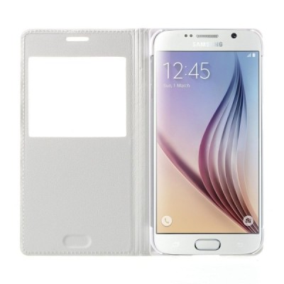 Samsung Galaxy S6 (G920) baltas odinis atverčiamas dėklas su langeliu / Priedai.lt