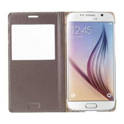 Samsung Galaxy S6 (G920) auksinis odinis atverčiamas dėklas su langeliu / Priedai.lt