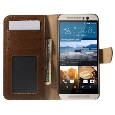 HTC One M9 atverčiamas rudas odinis dėklas - knygutė / Priedai.lt