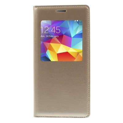 Samsung Galaxy S5 mini (G800) zelta atvēramais Smart Window ādas maciņš / Vacins.lv