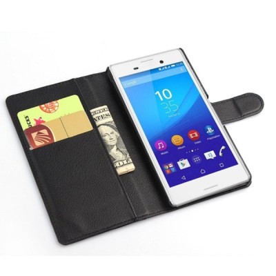 Sony Xperia M4 Aqua atverčiamas juodas odinis Litchi dėklas - piniginė / Priedai.lt