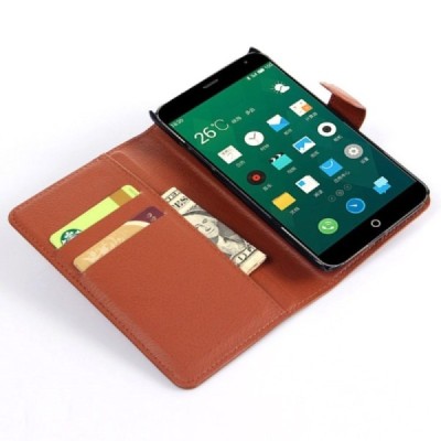 Meizu MX4 atverčiamas rudas odinis Litchi dėklas - piniginė / Priedai.lt