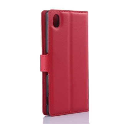 Sony Xperia M4 Aqua atvēramais sarkans ādas Litchi maciņš (maks) / Vacins.lv