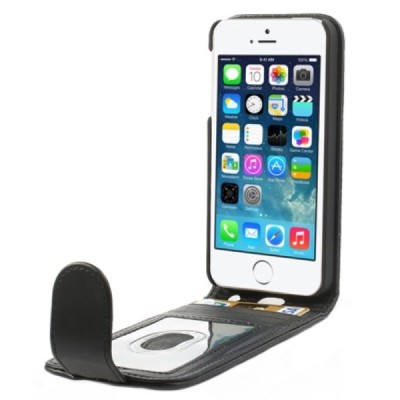 Apple iPhone 5, 5S klasisks ādas vertikāli atvēramais melns futrālis / Vacins.lv