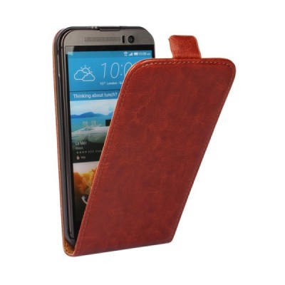 HTC One M9 klasisks ādas vertikāli atvēramais brūns maciņš / Vacins.lv