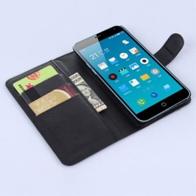 Meizu m1 note atverčiamas juodas odinis Litchi dėklas - piniginė / Priedai.lt