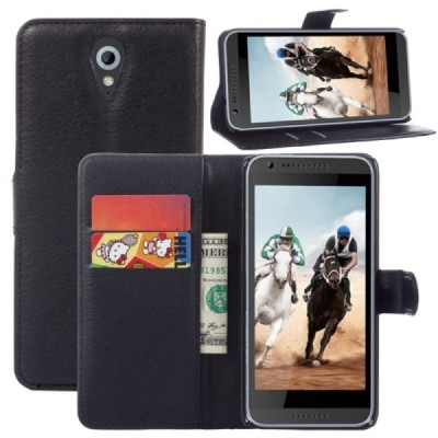 HTC Desire 620 atverčiamas juodas odinis Litchi dėklas - piniginė / Priedai.lt