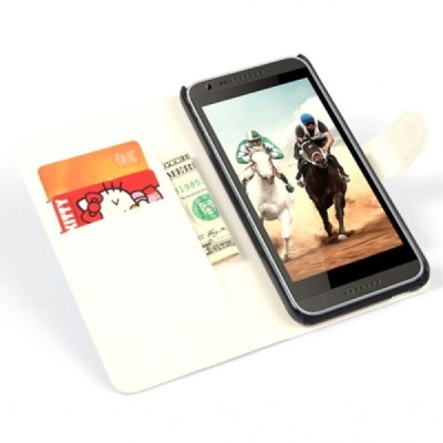 HTC Desire 620 atverčiamas baltas odinis Litchi dėklas - piniginė / Priedai.lt