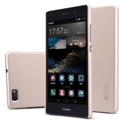 Huawei P8 Lite Nillkin Frosted Shield auksinis plastikinis dėklas + apsauginė ekrano plėvelė / Priedai.lt