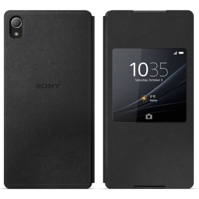 Oficialius Sony Xperia Z3+ Plus Style Cover Window juodas atverčiamas dėklas SCR30 / Priedai.lt