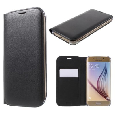 Samsung Galaxy S6 Edge juodas odinis atverčiamas Smart Wallet dėklas - piniginė / Priedai.lt
