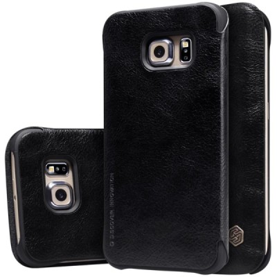 Prabangus „Nillkin“ Qin serijos juodas odinis atverčiamas Samsung Galaxy S6 Edge (G925) dėklas / Priedai.lt